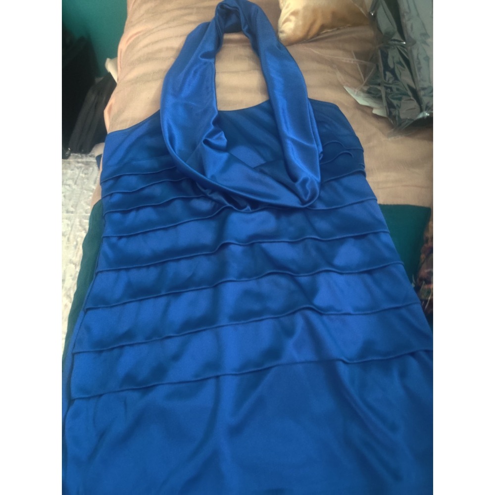 SimplyX Blue Satin Strapless Cowl Neck Draped Top S - Picture 2 of 5
